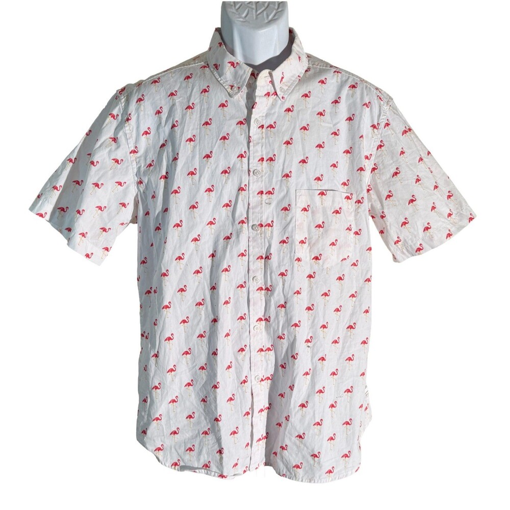 PUBLIC ART Men's Short Sleeve Button Down‎ Flamingo Shirt White Large